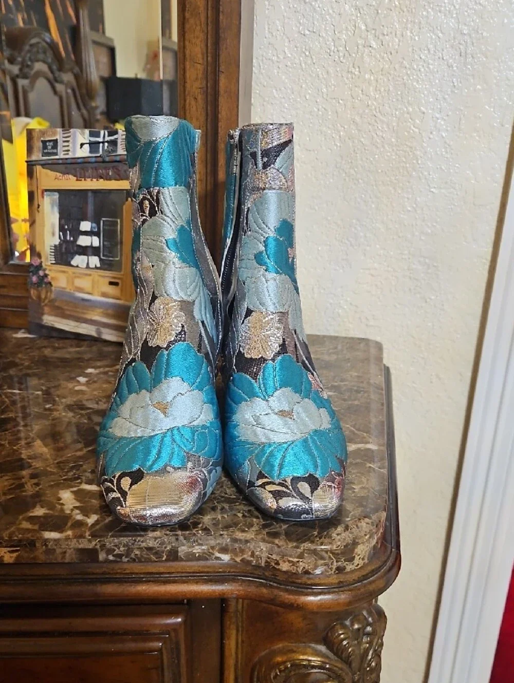 Metallic Floral Ankle Boots in Teal & Silver - Women